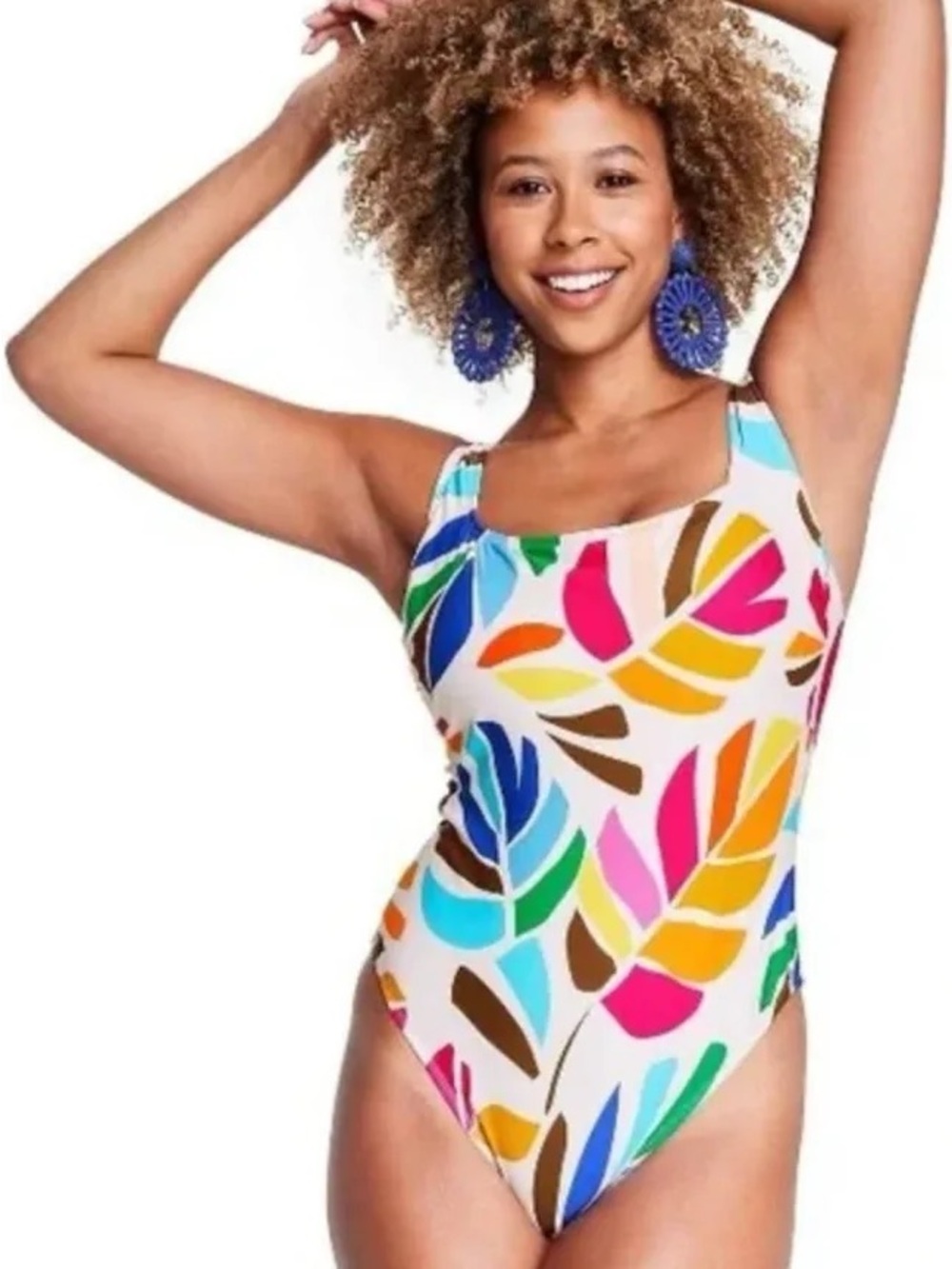 Cream One-Piece Swimsuit with Multicolor Abstract Print